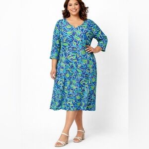 Caribbean Joe Women’s 2X Blue Green Tropical Leaf Cotton Dress 3/4 Sleeve